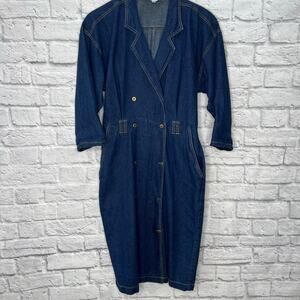 Vintage Denim Carina Dress Midi Trench Shirt Size 5/6 70s Double Breast Pockets